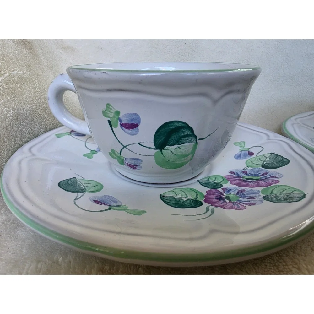 Herend Village Pottery Handpainted Tea Cups and Saucers Set of 2 Floral Hungary